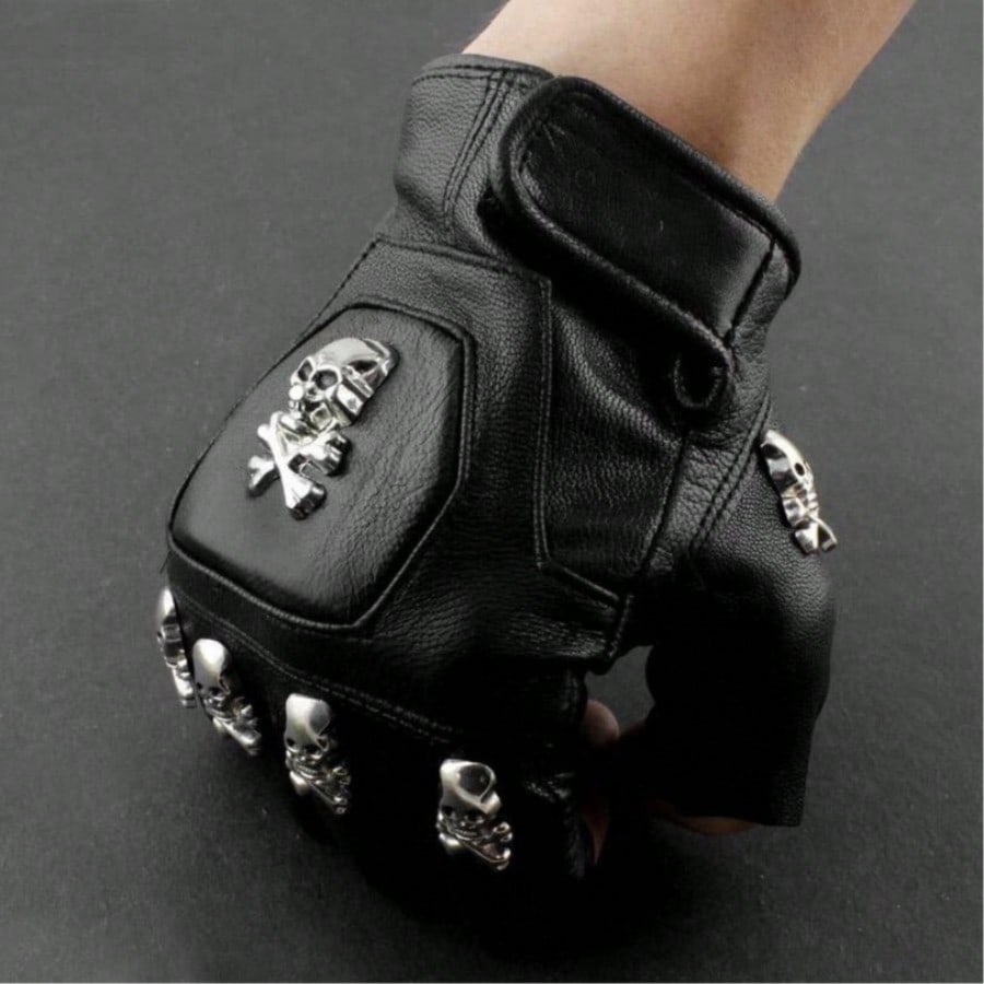 Leather Driving Glove - Mens Real Leather Skull Punk Rocker
